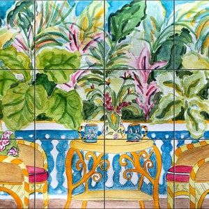 Kaffee im Garten von Becki Thomas Fliesenbild Backsplash, Küche Wohndekor, Kunstwerk auf Fliesen in den USA hergestellt