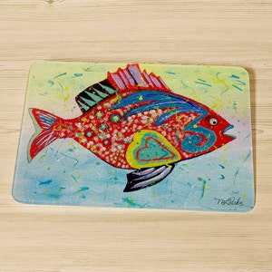 Tropical Fish Lips Bright Colors Glass Cutting Board Dishwasher Safe Made in USA Textured Tempered