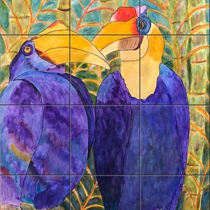 Toucans in Discussion By Becki Thomas Tile Mural Backsplash, Kitchen Home Décor, Artwork on Tiles, Decorative Tiles, USA Made