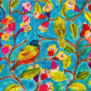 Birds in the Vine By Becki Thomas Tile Mural Backsplash, Kitchen Home Décor, Artwork on Tiles,Decorative Tiles, Ceramic Tile Mural, USA Made