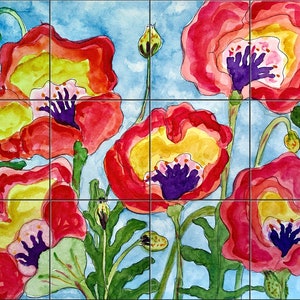 Poppies By Becki Thomas Tile Mural Backsplash, Kitchen Home Décor, Artwork on Tiles, Decorative Tiles, Ceramic TileMural,USAMade