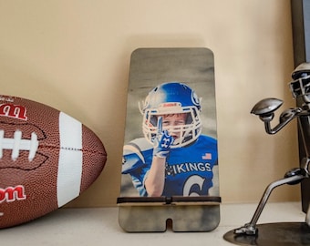 Wood Personalized Photo Cell Phone Stand,  Gift for Football Coach,  Dad,  or Mom. Valentines Day Gift for Him