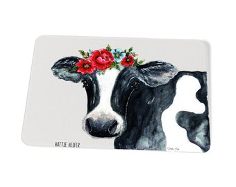 Hattie Heifer Cow Painting Glass Cutting Board Dishwasher Safe Made in USA Textured Tempered