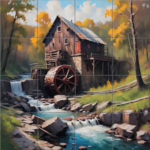 Creekside Mill By Aurora Imogen Tile Mural Backsplash, Kitchen Home Décor, Artwork on Tiles, Ceramic Tile Mural, USA Made
