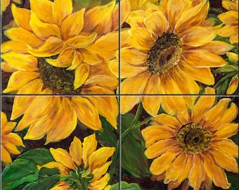 Sunflowers By Nadine Warner Tile Mural Backsplash, Kitchen Home Décor, Artwork on Tiles, Decorative Tiles, Ceramic Tile Mural USA Made