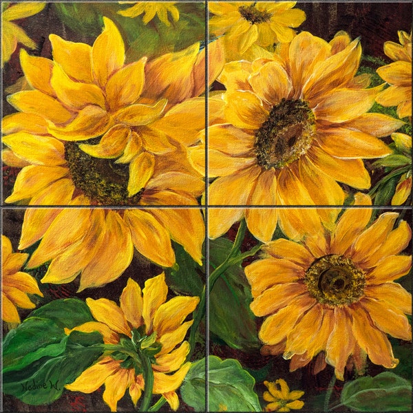 Sunflowers By Nadine Warner Tile Mural Backsplash, Kitchen Home Décor, Artwork on Tiles, Decorative Tiles, Ceramic Tile Mural USA Made