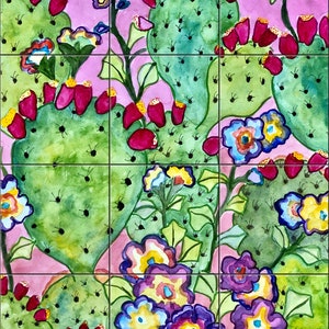 Nopal Cactus in the Vines By Becki Thomas Tile Mural Backsplash, Kitchen Home Décor, Artwork on Tiles, Decorative Tiles, USA Made