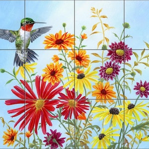 Hummingbird Bouquet By Abraham Hunter  Tile Mural Backsplash, Kitchen Home Décor,  Tile Artwork  Decorative Tile, Ceramic Tile Mural