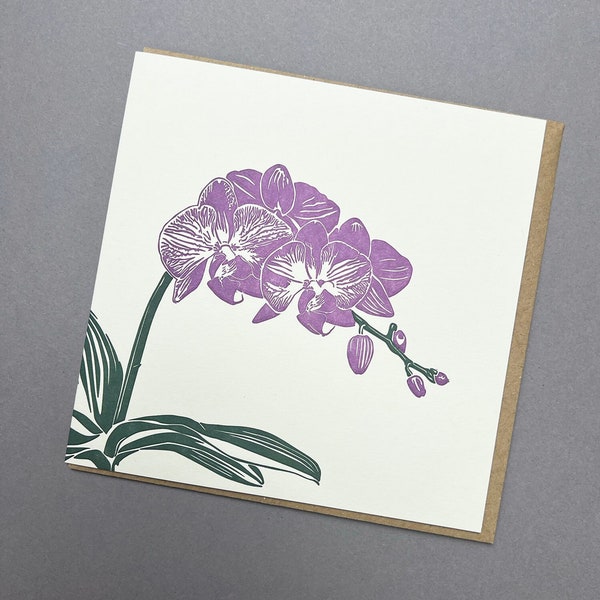 Carta orchidea - Carta orchidea contemporanea - Carta fiore - Biglietto d'auguri orchidea - Orchidea viola - Biglietto di compleanno - Stampa tipografica - Festa della mamma