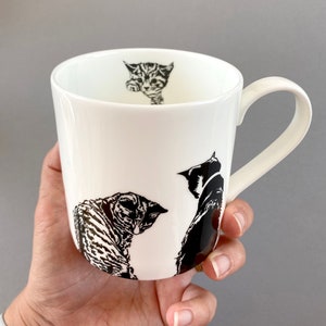 Multi Cat mug - fun kittens - Cat Lover Gift - Black and white cat - screen printed fine bone china Christmas small gift - Stocking filler