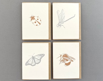 Thank you notes - Metallic Insects Card Set - Insects card - bug cards -  letterpress - Gift tags - Gift cards - Christmas - note card - bee