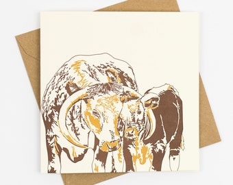 Longhorn and baby card - New Baby -  Birthday - Letterpress Cards - Art Greeting Cards - Anniversary - Love - Fathers day - Mothers Day