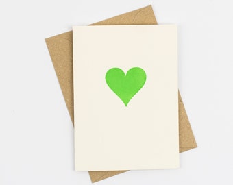 Neon Green Love Heart Card - Valentines - Respect- Letterpress note card - Small note cards - love note card - card for her - card for him