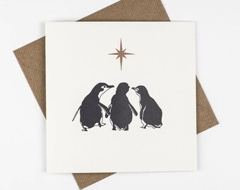 Carte de Noël religieuse - Carte de Noël pour frère et soeur - Trois pingouins de la sagesse - Jeu de mots - Carte de pingouin - Noël frères et sœurs