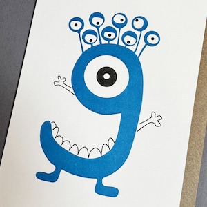 Tarjeta de cumpleaños para niños - Tarjeta de cumpleaños para niños - Noveno cumpleaños de niño - Tarjeta de extraterrestre - Noveno cumpleaños unisex - Noveno cumpleaños de niña - Divertida - Única