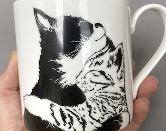 Cuddling Cat Mug - Black & White Cat Mug - Cat Lover - Valentine's Gift - Valentine gift - Mug screen printed fine bone china