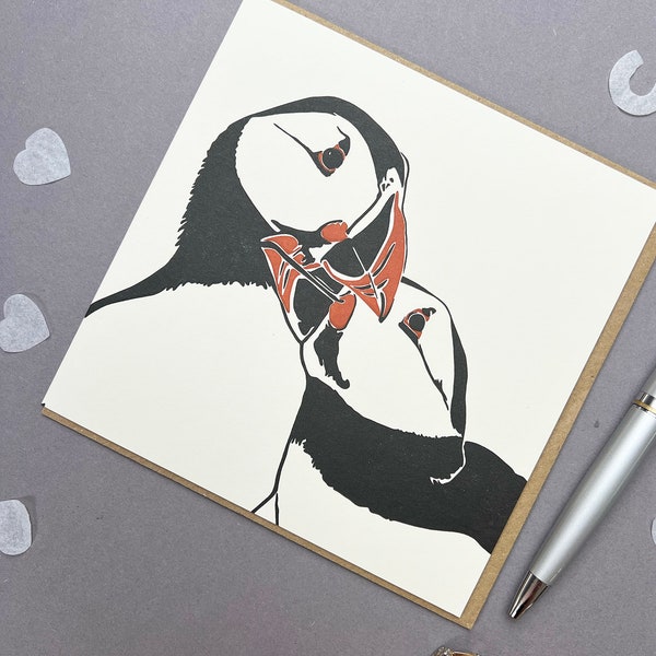 Anniversary card - Letterpress Christmas Cards - love card - Wedding card - puffin love - Animal love - love birds - Valentines card