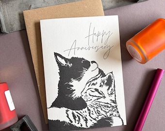 Cuddles Letterpress Anniversary Card: Cats, Recycled Cardstock, Happy Anniversary - Blank inside with envelope