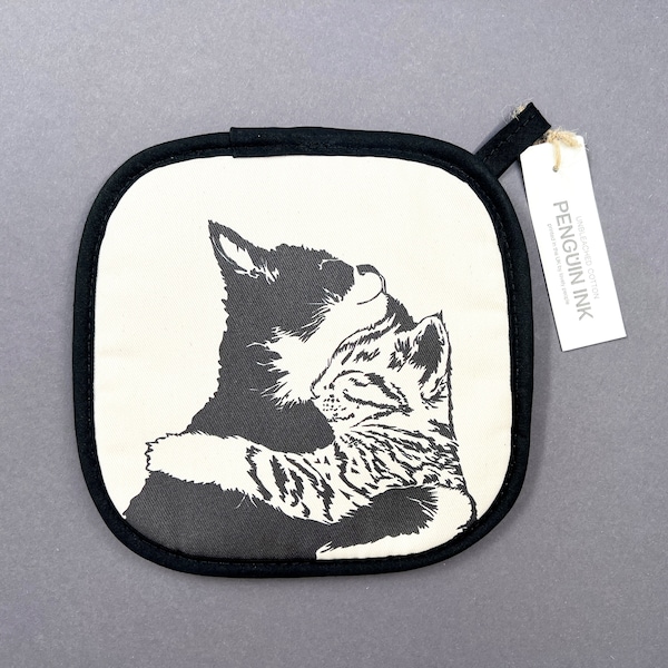 Support pour pot pour chat - gant de cuisine chaton - support pour pot avec boucle - coton écru - cadeau pour amoureux des chats - nouvelle maison - tigré - chat noir - pendaison de crémaillère