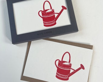 Red watering can - correspondence card set - Letterpress correspondence cards - notecards - thank you - blank - Gardener - Invitations