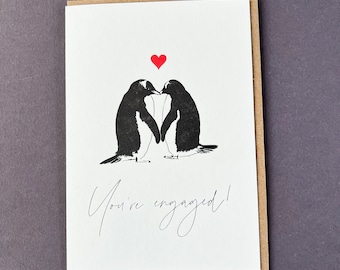Verlovingskaart pinguïn: boekdruk ezelspinguïns, envelop van gerecycled kraftpapier
