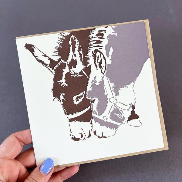 Donkey Letterpress Card – Nuzzling Couple, Recycled Paper Greeting, Valentine's Day