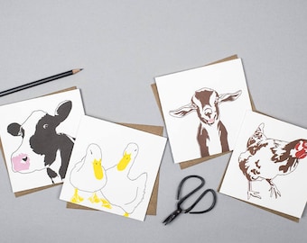 Animaux de la ferme - Paquet de cartes - Cartes vierges - Cartes typographiques - Jeu de cartes - Imprimés animaliers - Cartes de voeux - Cadeau paysan - Anniversaire d'enfant