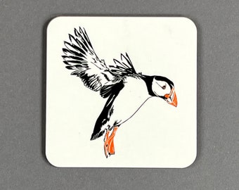 Puffin landing coaster - Puffin Nuzzle - tea coaster - small gift - Melamine coaster - made in the uk - coaster set - British wildlife