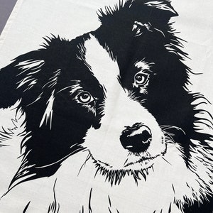 Può includere: Illustrazione in bianco e nero della testa di un cane Border Collie. Il cane guarda direttamente lo spettatore con un'espressione amichevole.