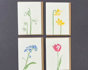 Blumenkarten – Blumen-Notizkarten – Buchdruck – Frühlingskarten – kleine Karten – Narzisse – Vergissmeinnicht – Tulpe – Schneeglöckchen – Geschenkanhänger – Lehrer