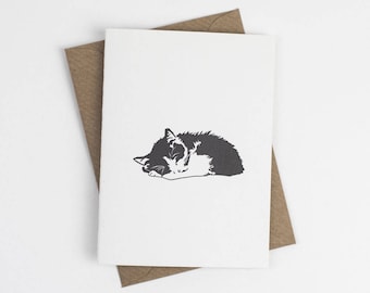 Black and white kitten Card - Sleeping Kitten note card - Letterpress note cards - Small note cards - cat card - pussycat note card - cute