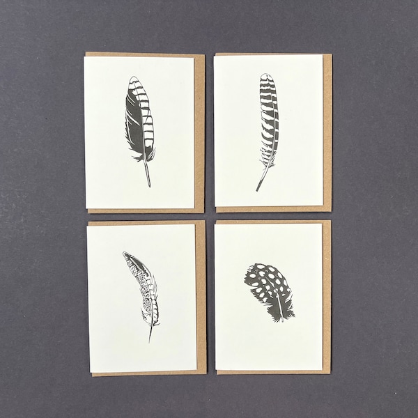 Feathers Card Set - Feathers card - Birds - Bird Feather -  letterpress cards - thank you note cards - Gift tags - Teacher cards