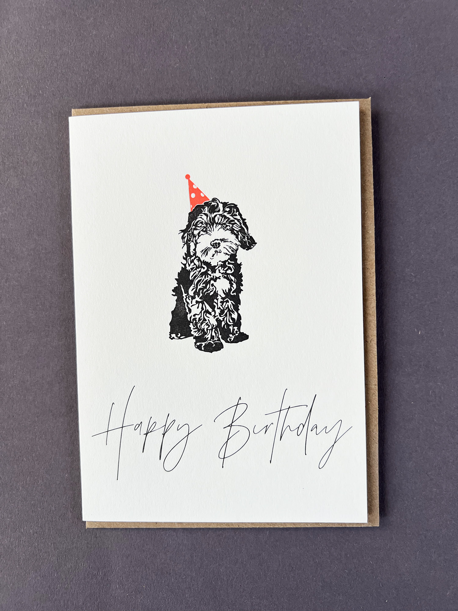 Happy Birthday card - cute Cockapoo - Party hat - neon - Calligraphy - Fun - Letterpress - For kids - For adults - cheeky - birthday