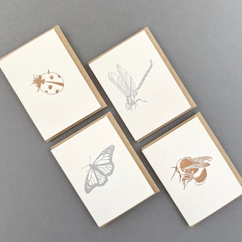 Thank you notes Metallic Insects Card Set Insects card bug cards letterpress Gift tags Gift cards Christmas note card bee image 2