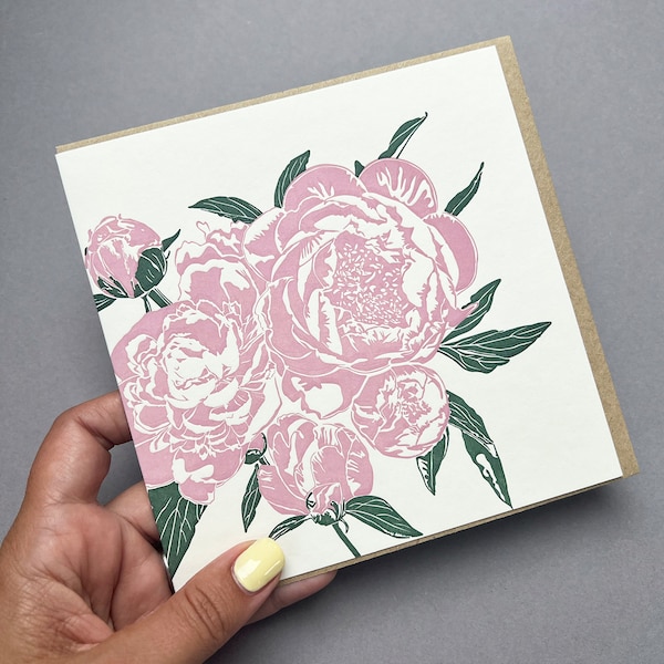 Peony Card - Contemporary Peony Card - Flower Card - Peony Greeting Card - Pink Peony Card - Mothers day - Birthday Card - Letterpress Peony