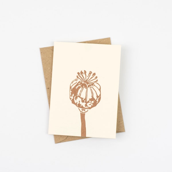 Poppy seed head - Poppy card - Metallic bronze - seed heads - letterpress cards - thank you note cards - Poppy Head - Gift tag - Birthday