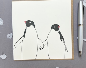 Carte d'anniversaire - Carte d'amour - Carte de pingouin de la Saint-Valentin - Amour de pingouin - Carte de Saint-Valentin - Carte de mariage - Carte de pingouins tenant des nageoires