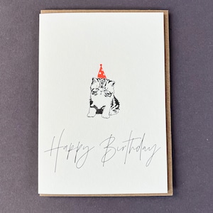 Happy Birthday card - cute cat - Party hat - neon - Calligraphy - Fun - Letterpress card - For kids - For adults - cheeky - birthday - Cat