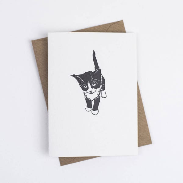 Tuxedo kitten Card - Cute Kitten note card - Letterpress note cards - Piccole carte note - cat card - pussycat note card - Bianco e nero