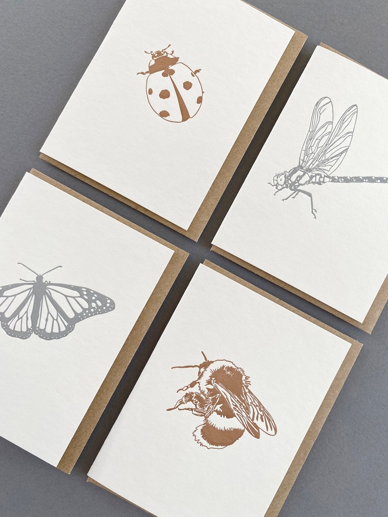Thank you notes Metallic Insects Card Set Insects card bug cards letterpress Gift tags Gift cards Christmas note card bee image 3