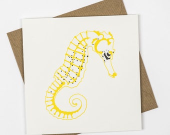 Duiker verjaardagskaart - Geel Zeepaardje - boekdrukkaarten - voor haar - gefeliciteerd blanco kaarten - gaan reizen - Duikkaart