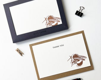 Bee card - Letterpress correspondence cards - notecard set - Thank you flat note - Christmas - Just because - Blank card  - Bee Invites