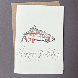 Cartão de feliz aniversário - Pesca - Letterpress - Para crianças - Para adultos - Cartão de truta velha - Cartão para ele - Cartão para ela - Cartão para amante da pesca