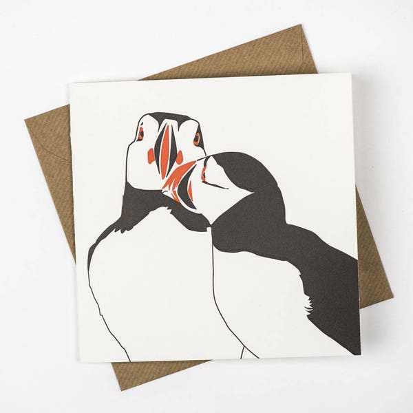 Anniversary card - Letterpress Christmas Cards - love card - Wedding card - puffin love - Animal love - Mothers day - cuddling Puffins