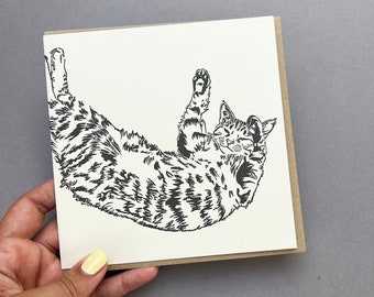 Cat card - Love cats - Cat stretch - relaxed cat - cute kitten card -  stretching cat - cute cat card - sleepy cat - cat mothers day card