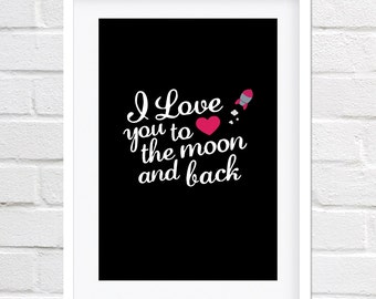 A3 grote afdrukken "I love you naar de maan en terug". Raket Ja!