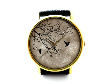 Birds And Moon Leather Watch, Birds On Tree Leather Watch, Unisex Watch, Ladies Watch, Mens Watch, Birds Jewelry, Pattern 8