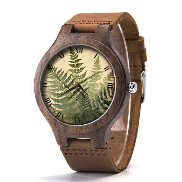 Green Leaves Wood Leather Watch, Green Leaves Wood Watch, Leaves Unisex Watch, Man Size Watch, Leaves Jewelry