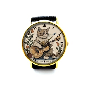 Chat mignon jouant de la guitare montre en cuir, montre femme musique chat, montre unisexe, bijoux chat drôle image 1