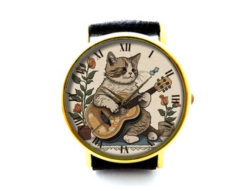 Cute Cat Playing Guitar Leather Watch, Cat Music Ladies Watch, Unisex Watch, Funny Cat Jewellery